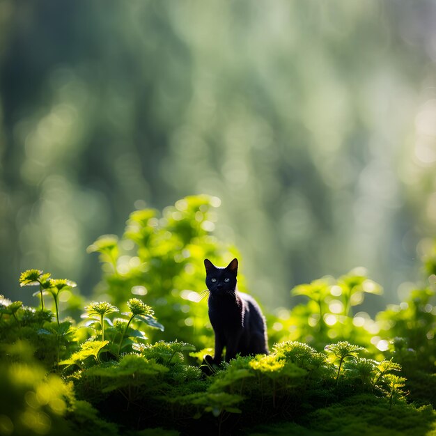 Photo joli fond de forêt et miniature de chat noir