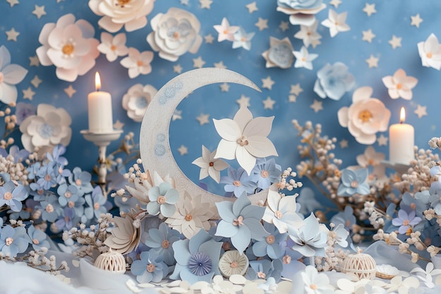 Joli fond de salut de l'Eid al-Fitr décoré d'un croissant de lune 3D et de fleurs