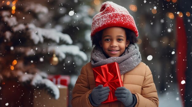 Joli garçon afro-américain souriant dans une veste rouge et un chapeau tenant des cadeaux de Noël tout en se tenant debout