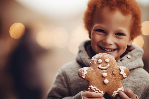 Le joli garçon aux cheveux roux avec un biscuit au pain d'épice