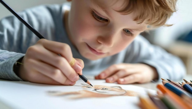 Un joli garçon créant un croquis de chat sur un papier ordinaire