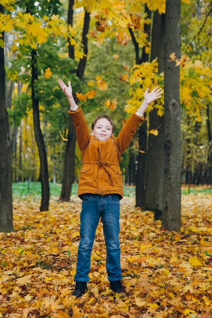 Joli garçon marche et pose dans un parc d'automne coloré