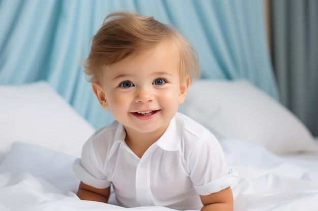 Joli garçon nouveau-né dans un tissu blanc allongé dans un lit dans une chambre lumineuse Bébé heureux sous couverture