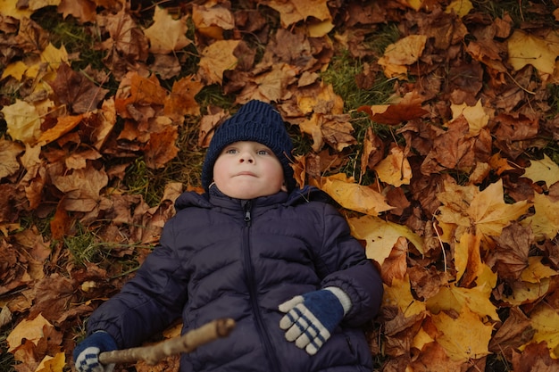 Joli garçon souriant de race blanche allongé sur le sol recouvert de feuilles d'érable jaunes dans un parc tenant un