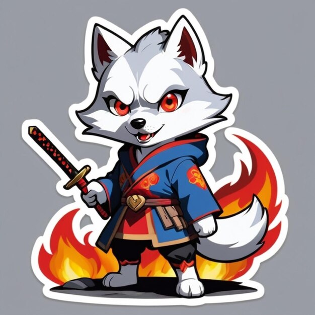 Un joli guerrier kitsune husky tenant une épée katana devant un feu