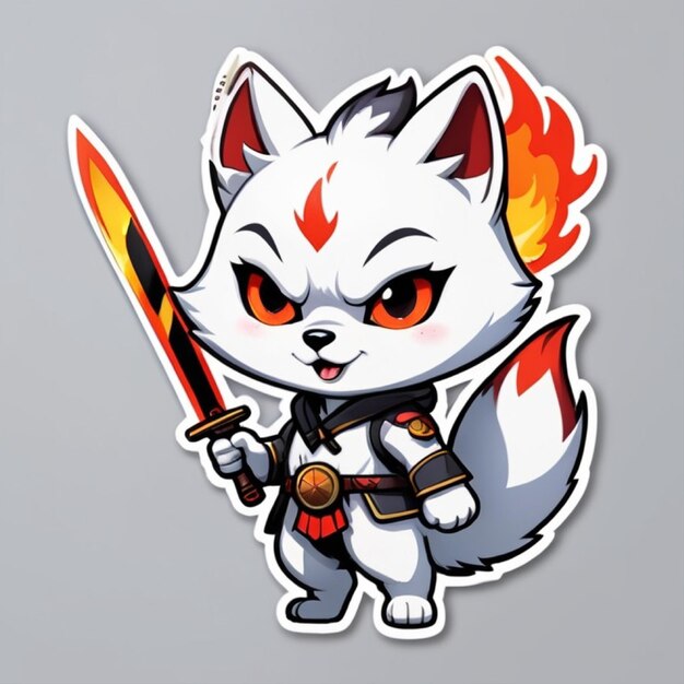 Un joli guerrier kitsune husky tenant une épée katana devant un feu