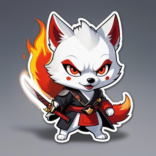 Un joli guerrier kitsune husky tenant une épée katana devant un feu