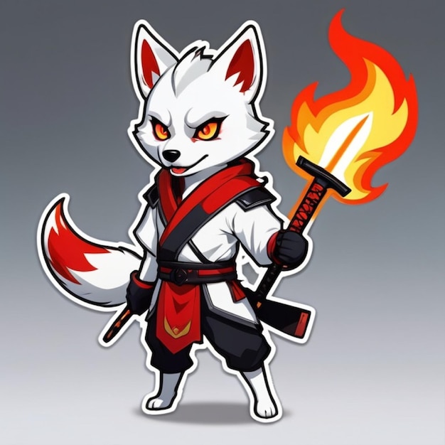 Un joli guerrier kitsune husky tenant une épée katana devant un feu