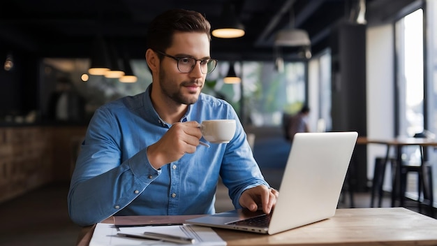 Joli homme d'affaires travaillant sur un ordinateur portable tenant une tasse de café ou de latte dans un café moderne