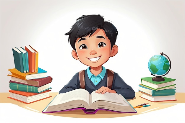 Joli et intelligent jeune étudiant asiatique souriant avec un livre illustration vectorielle de style dessin animé isolée sur fond blanc
