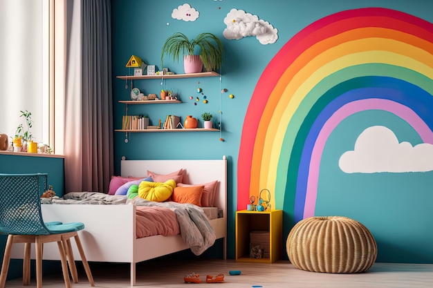 Joli intérieur d'une chambre d'enfant avec un magnifique arc-en-ciel peint sur le mur