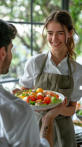 Un joli jeune chef qui sert à un serveur une salade grecque fraîchement faite.