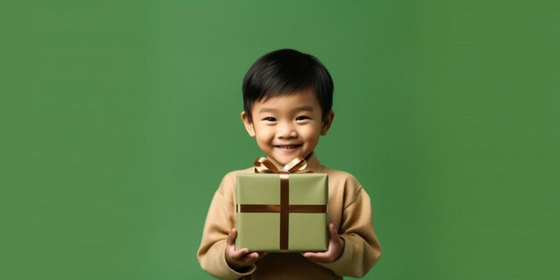 Un joli jeune chinois heureux surpris avec un cadeau dans ses mains avec un fond vert