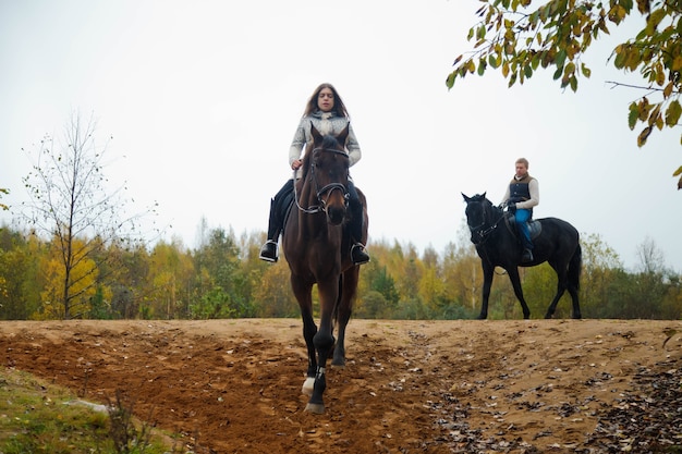 Joli jeune couple à cheval dans la forêt d'automne sur route de campagne. Cavaliers en automne Park par mauvais temps nuageux avec pluie légère. Concept d'équitation en plein air, de sports et de loisirs. Espace de copie