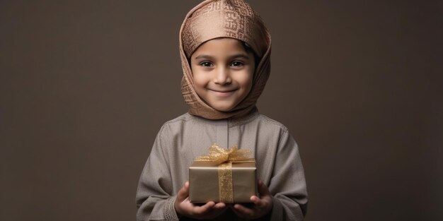 Un joli jeune garçon arabe heureux de surprendre avec un cadeau dans ses mains avec un fond gris