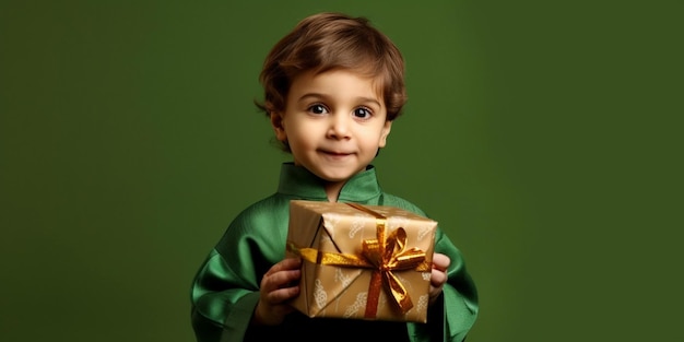 Un joli jeune garçon arabe heureux de surprendre avec un cadeau dans ses mains avec un fond vert