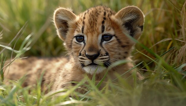 Un joli jeune guépard se cache dans l'herbe et regarde la caméra. L'Afrique générée par l'intelligence artificielle.