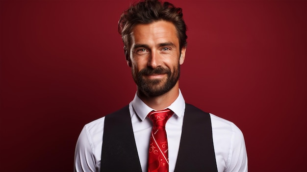 Photo joli jeune homme à la barbe en vêtements décontractés sur fond rouge avec un sourire heureux et frais