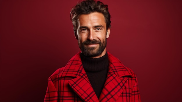 Joli jeune homme à la barbe en vêtements décontractés sur fond rouge avec un sourire heureux et frais