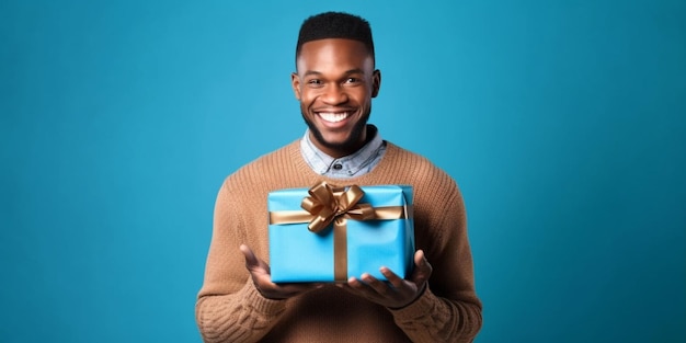 Un joli jeune homme noir heureux surpris avec un cadeau dans ses mains avec un fond bleu