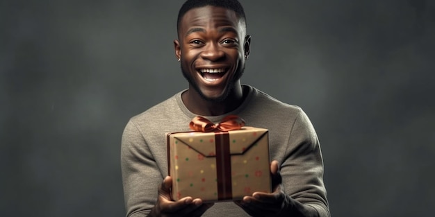 Un joli jeune homme noir heureux surpris avec un cadeau dans ses mains sur un fond gris