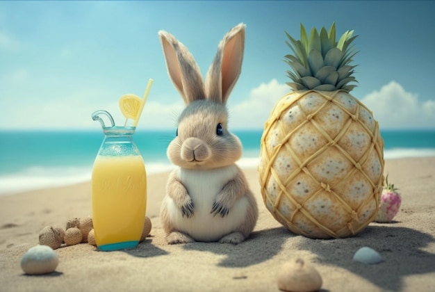 Un joli lapin au bord de la plage avec du jus de fruits frais et un concept d'été d'ananas photo générative ai