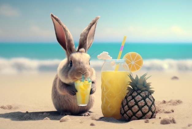 Un joli lapin au bord de la plage avec du jus de fruits frais et un concept d'été d'ananas photo générative ai