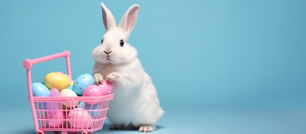 Photo joli lapin blanc avec un panier plein d'œufs de pâques colorés sur fond bleu