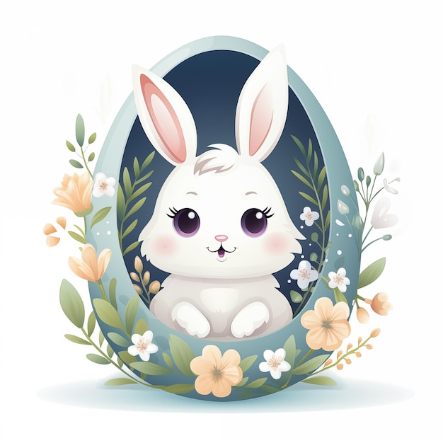 Joli lapin de dessin animé dans des œufs et des fleurs Joyeux Pâques illustration générative AI