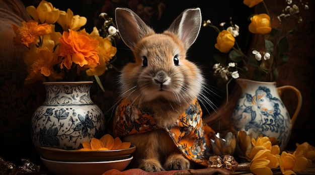 Un joli lapin est assis sur une table entouré de fleurs et de décorations générées par l'intelligence artificielle