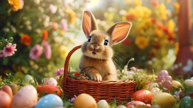 Un joli lapin jouet et des œufs de Pâques colorés sur la plage sous le soleil Profondeur de champ peu profonde