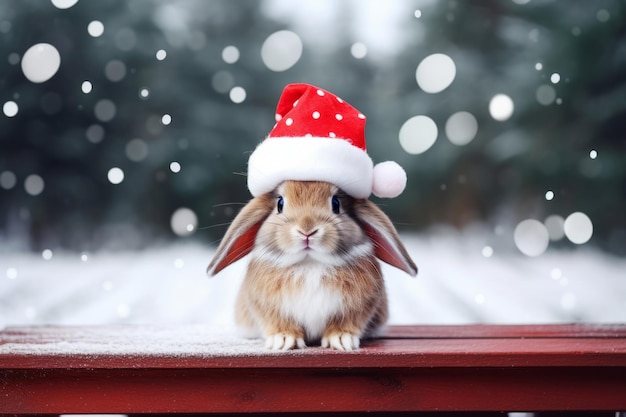 Un joli lapin moelleux dans un chapeau rouge de Père Noël Illustration d'IA générative