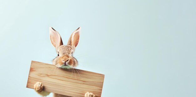 Joli lapin moelleux tenant une planche de bois vide avec un espace vide pour la maquette