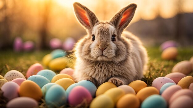 Joli lapin de Pâques bébé lapin moelleux mangeant de l'herbe avec un panier plein d'œufs de Pâque colorés sur le fond de la nature Symbole de la fête de la Pâque