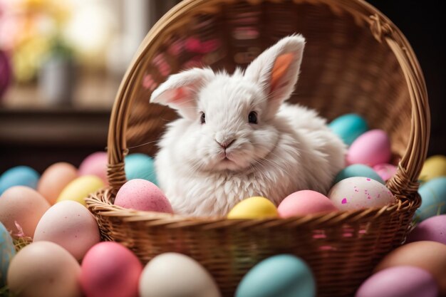 Joli lapin de Pâques bébé lapin moelleux mangeant de l'herbe avec un panier plein d'œufs de Pâque colorés sur le fond de la nature Symbole de la fête de la Pâque