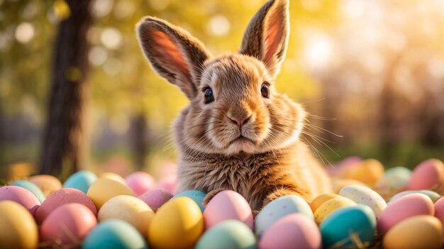 Joli lapin de Pâques bébé lapin moelleux mangeant de l'herbe avec un panier plein d'œufs de Pâque colorés sur le fond de la nature Symbole de la fête de la Pâque