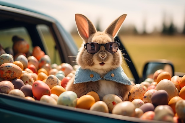 Joli lapin de Pâques bébé lapin moelleux avec un panier plein de fleurs colorées et des œufs de Pâques sur le gre