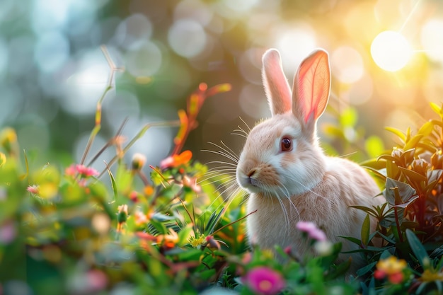 Joli lapin de Pâques dans l'herbe verte avec des fleurs colorées autour