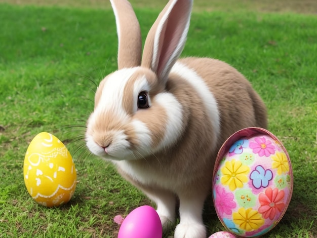 Joli lapin de Pâques moelleux, mangeant de l'herbe verte avec un panier rempli d'œufs de Pâques colorés