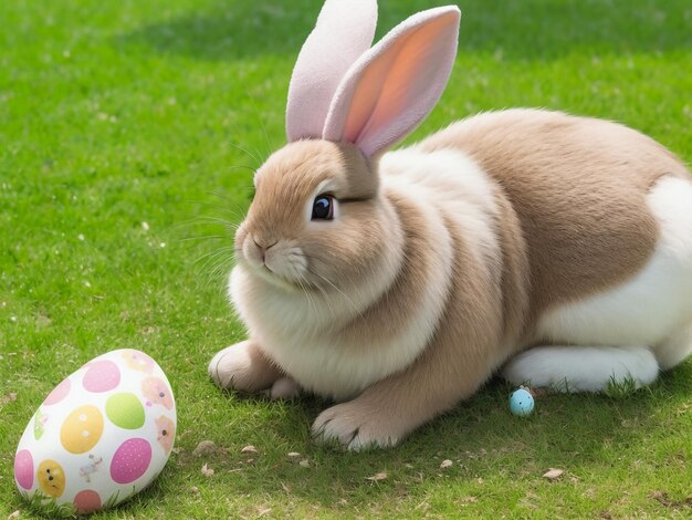 Joli lapin de Pâques moelleux, mangeant de l'herbe verte avec un panier rempli d'œufs de Pâques colorés