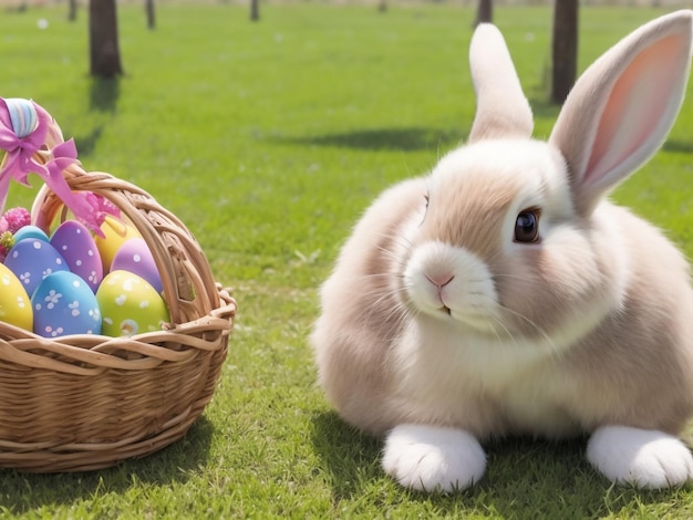 Joli lapin de Pâques moelleux, mangeant de l'herbe verte avec un panier rempli d'œufs de Pâques colorés