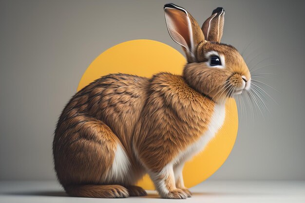 Joli lapin de Pâques avec un œuf jaune sur un fond gris