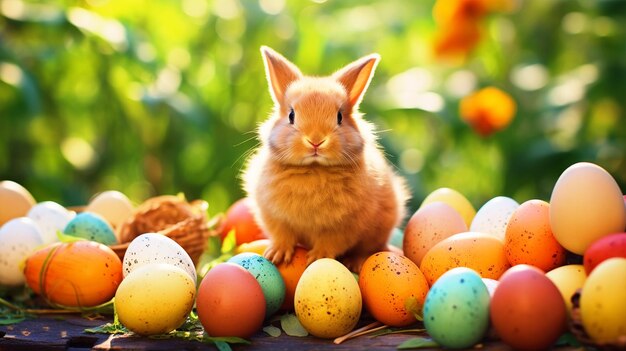 Joli lapin de Pâques avec des œufs de Pâques assis dans un jardin