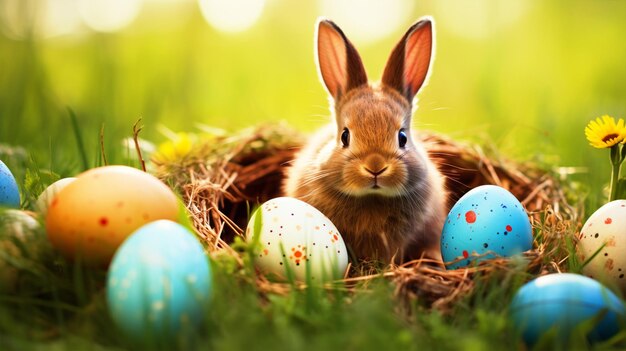 Joli lapin de Pâques avec des œufs de Pâques assis dans un jardin