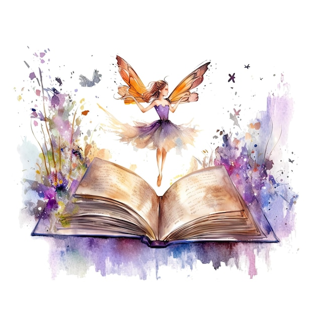 Un joli livre de lecture de fées sur une pile de livres aquarelle dessin à la main illustrartion peut être utilisé pour kid pos