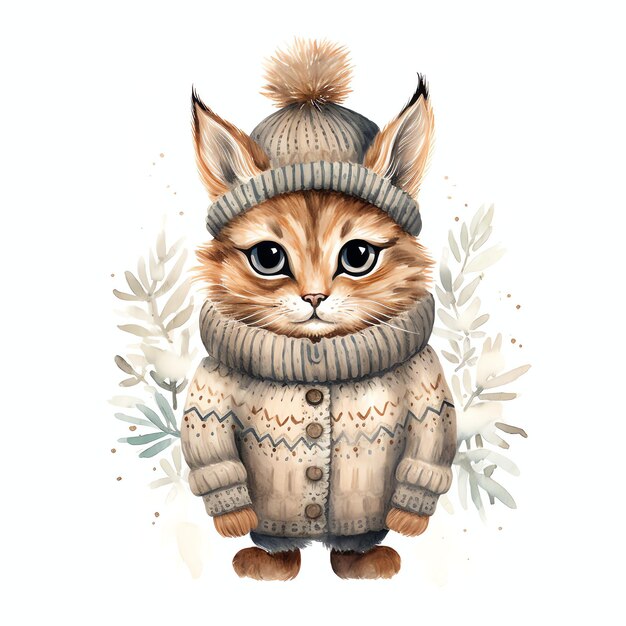 Joli lynx de forêt en hiver pull à l'aquarelle pour les enfants de la pépinière