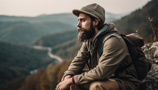 Un joli mâle est assis pensivement au bord d'une montagne