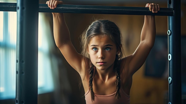 Un joli modèle adolescent brunette qui lutte pour transpirer en faisant des tractions