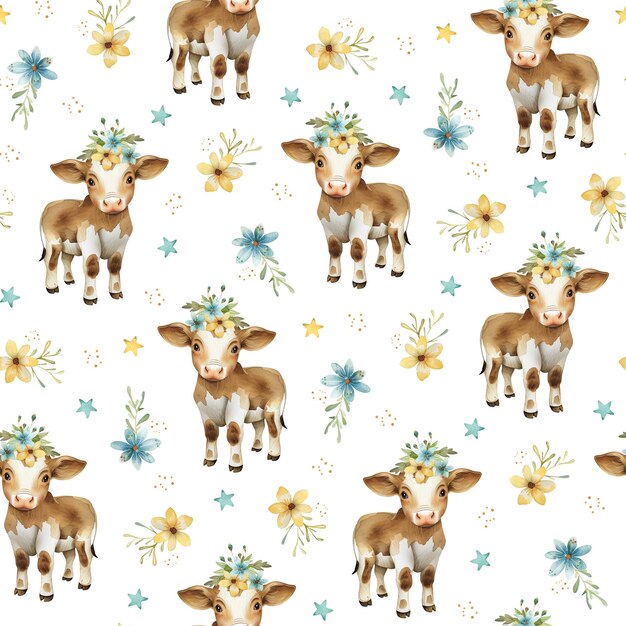 Photo joli motif d'aquarelle pour bébé avec du veau et des fleurs magiques parfait pour les vêtements de bébé, les textiles et les tissus