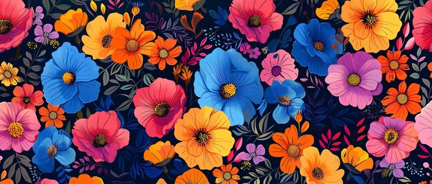 Joli motif floral dessiné à la main avec des fleurs de couleurs vives sur un fond sombre pour l'impression de produits IA générative